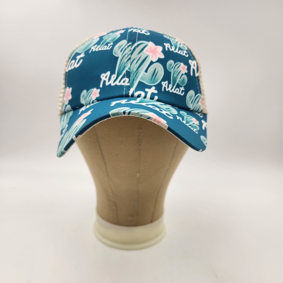 The Unbranded Brand Accessories - Womens Cactus Print Ponytail Trucker Hat Teal Tan Mesh Baseball Cap EUC